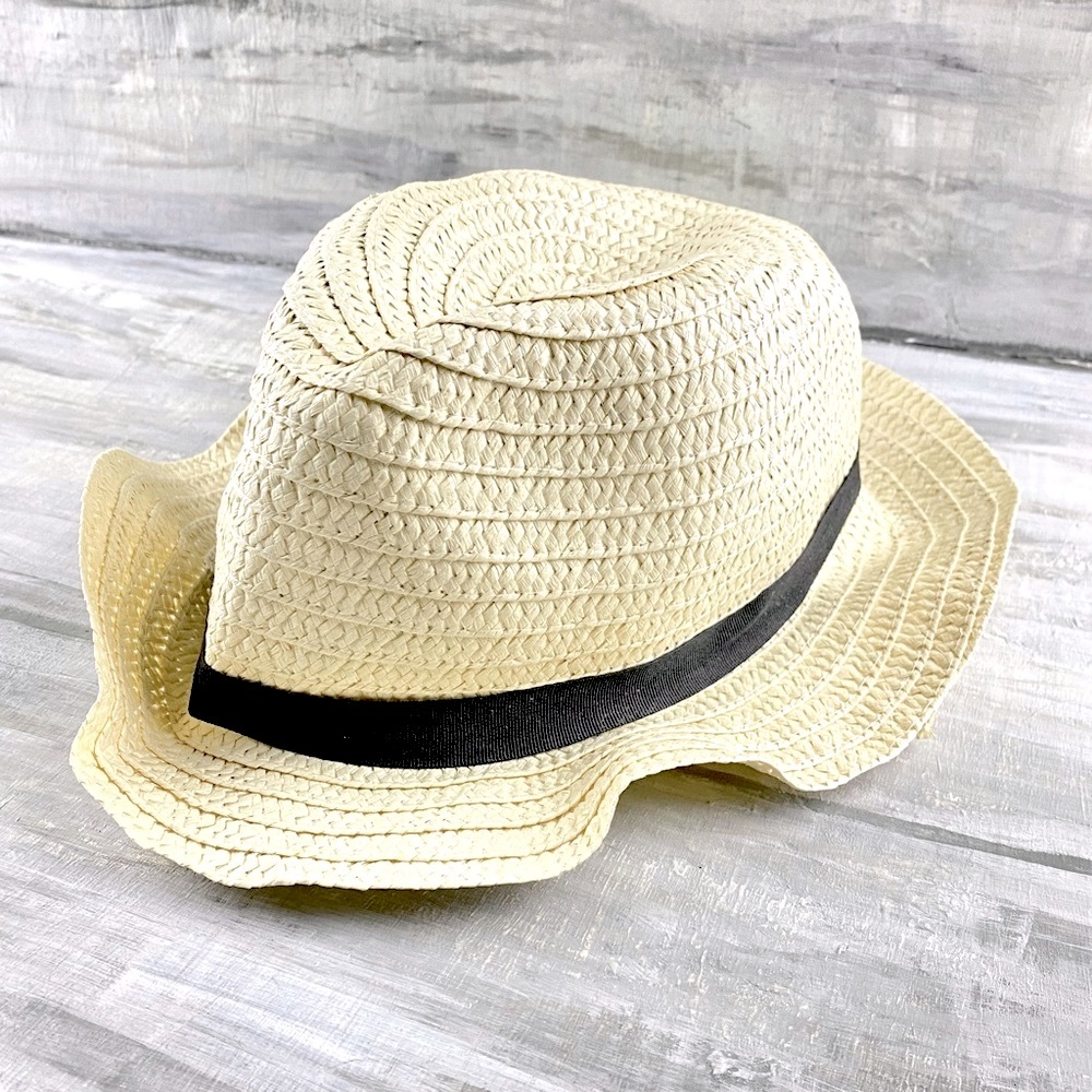 Light Natural Straw Sun Hat Fedora Panama Cowboy Black Fabric Trim